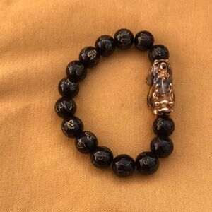Feng Shui Pixiu obsidian wealth Black Beaded Bracelet with Gold Accents